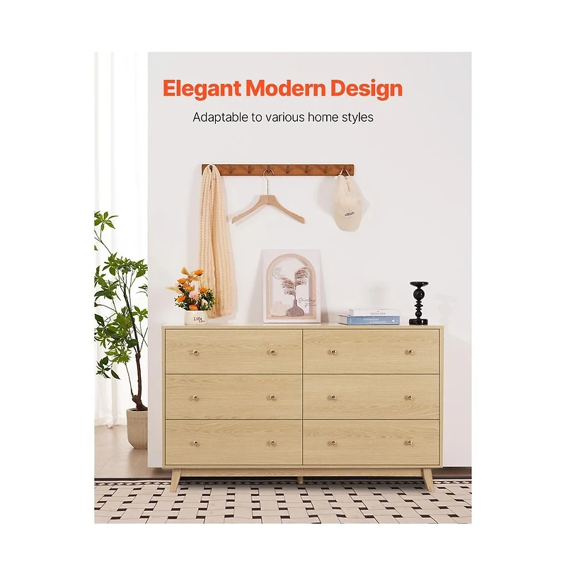 Sugift 6 Drawer Dresser Wooden Chest of Drawers with Sliding Anti-tip Device Modern