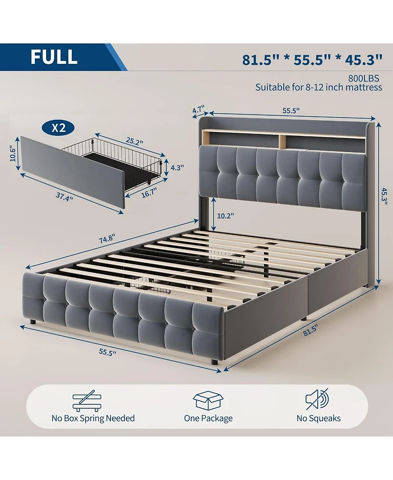 gaomon Bed Frame with Headboard and 2 Storage Drawers, Upholstered Bed Frame with Led Light, Modern Soft Bed with Charging Socket and Usb