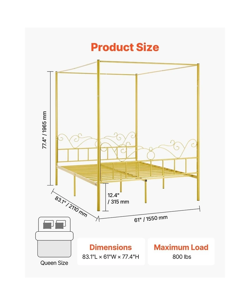 Sugift Canopy Bed Frame Metal Four Poster with Minimalist Headboard