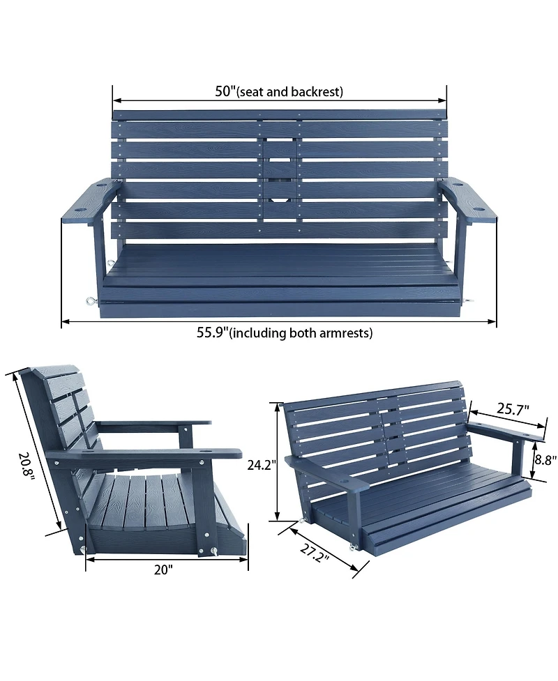 Mega Casa 2-Seat Poly Lumber Hips Porch Swing with Foldable Cup Holders and Curved Deep Seat for Outdoor Garden