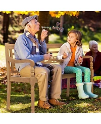 Sugift 2-Person Teak Wood Patio Bench with Wide Backrest Curved Armrests