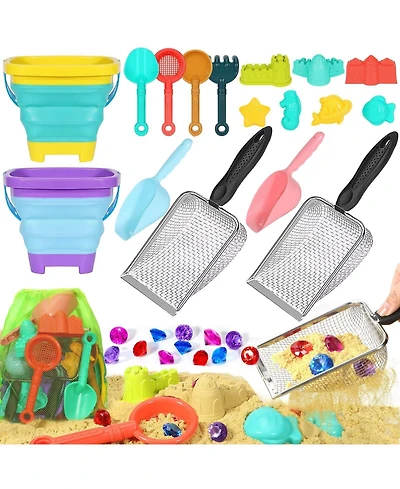 Gnuadz 19PCS Beach Sand Toys Collapsible Bucket Sifter Shovel Castle Molds Mesh Bag