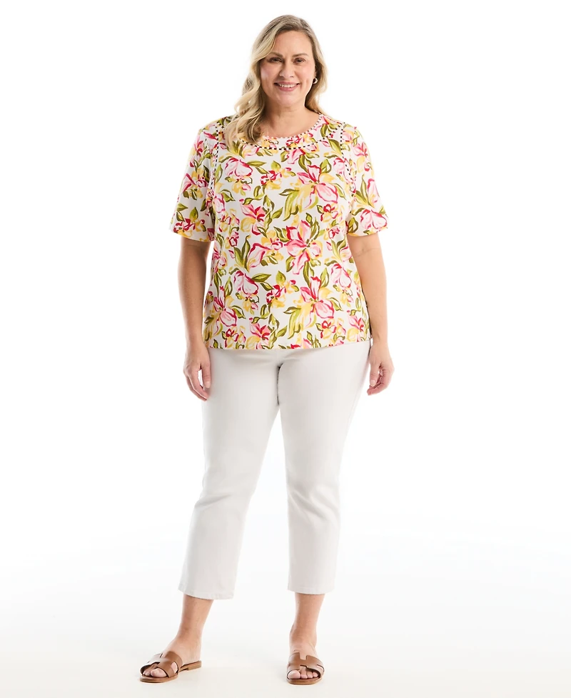 Rafaella Plus Petal Print Pom Trim Detail Short-Sleeve Top