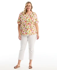 Rafaella Plus Petal Print Pom Trim Detail Short-Sleeve Top