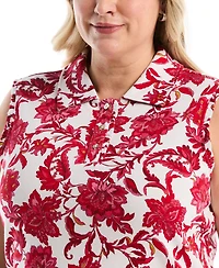 Rafaella Plus Botanical Print Ruffle Trim Sleeveless Polo Shirt