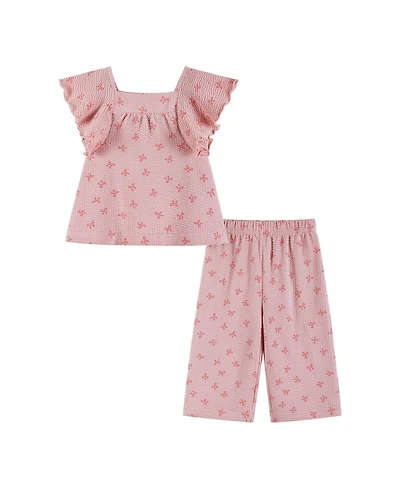 Andy & Evan Baby Girls Pink Bow Print Knit Seersucker Top and Pant Set
