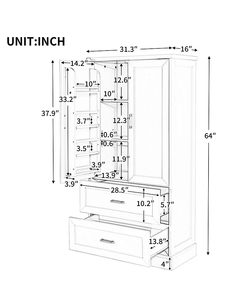 Busdays Tall Bathroom Storage Cabinet 2 Doors 2 Drawers Adjustable Shelf Mdf Board Two Packages