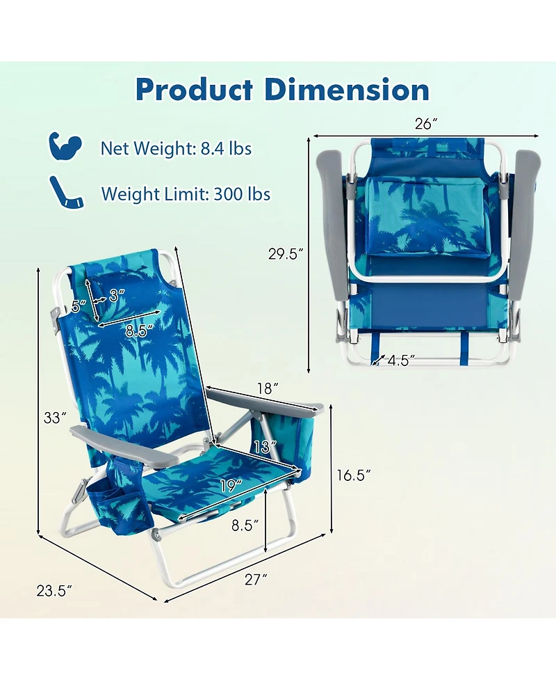 Gymax 2 Pieces Beach Chair 5-Position Outdoor Reclining Chairs w/ Head Pillow and Storage Bag