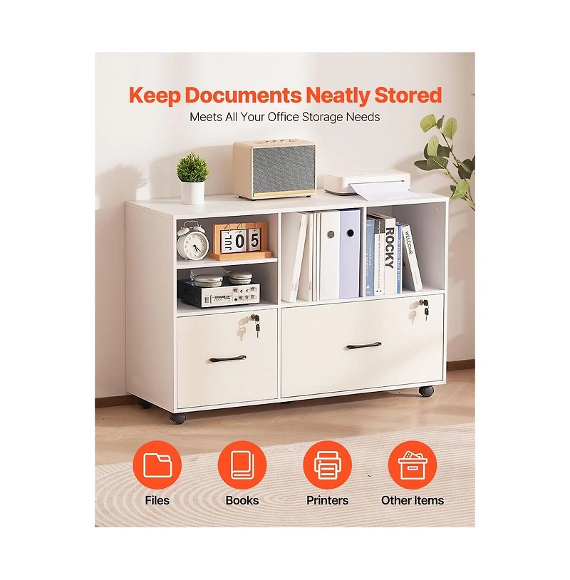 Sugift 2 Drawer Wooden File Cabinet Mobile Filing Cabinet with Open Shelves Lockable Lateral