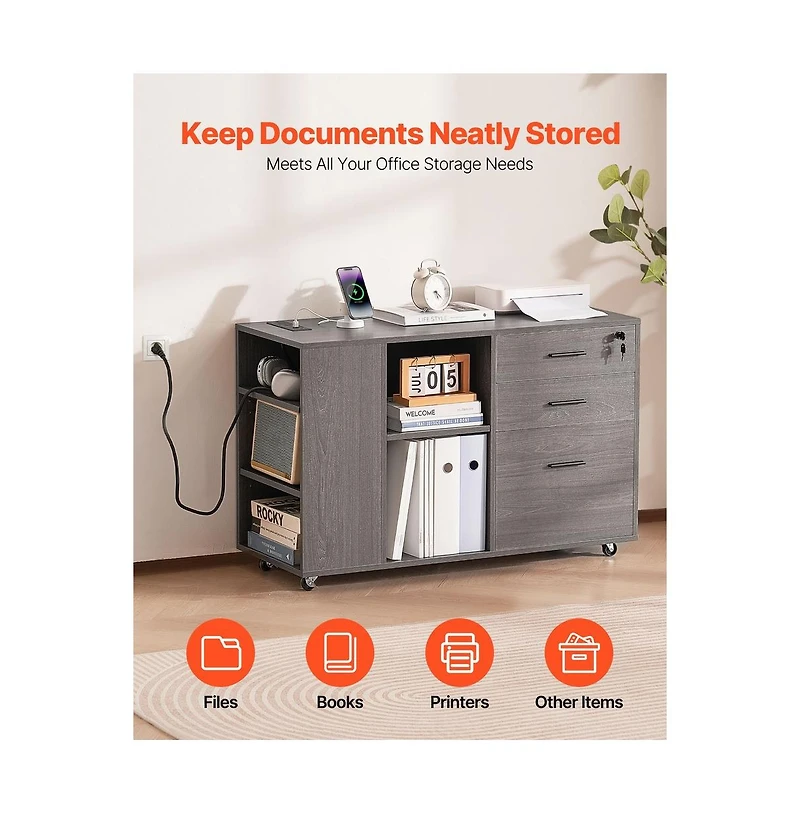 Sugift 3 Drawer Wooden File Cabinet Mobile Filing Cabinet with Power Strip Lockable Rolling File