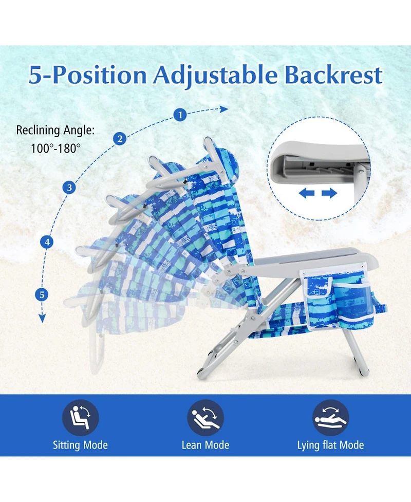 Gouun Foldable Backpack Beach Chair with Cup Holder and Storage Pockets, 5-Position Backrest