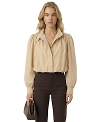 Modenaire Women's Cropped Point Collar Puff Sleeve Jacket