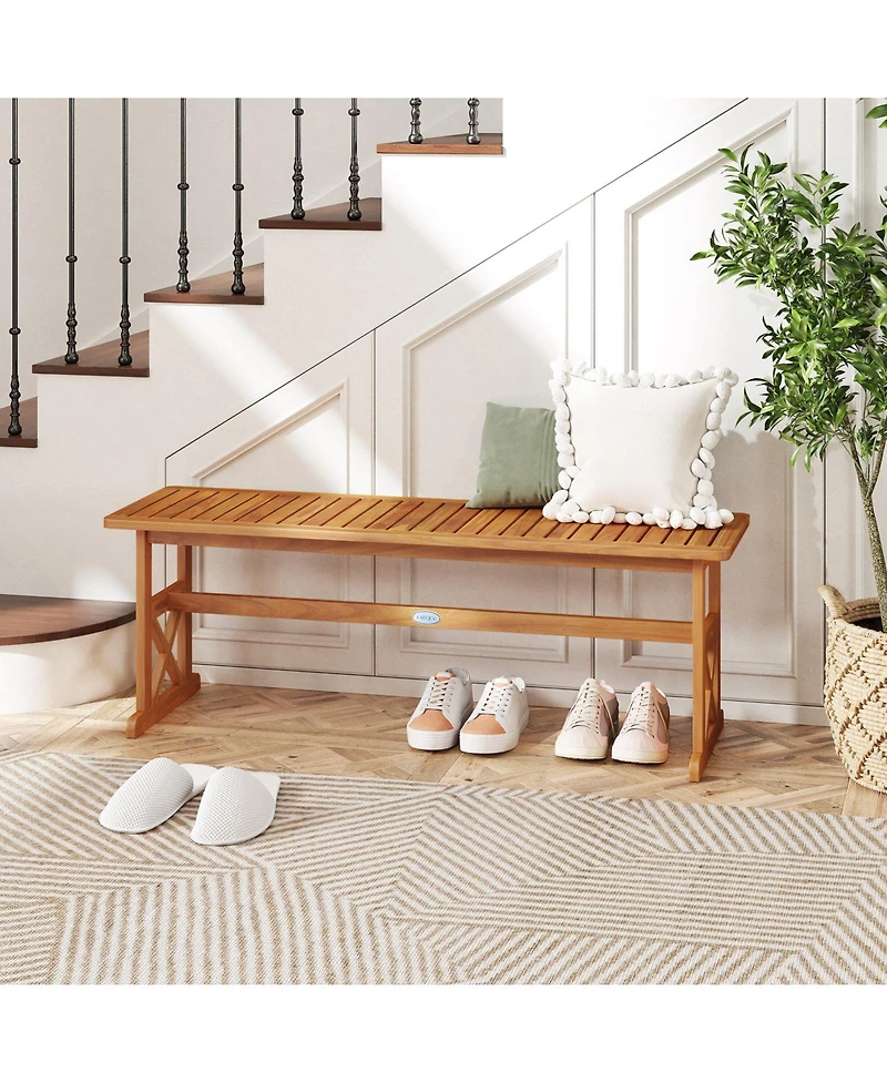Gymax 51 Inches Acacia Wood Outdoor Bench w/ Slatted Seat and X-Shaped Frame