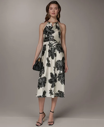 Donna Karan New York Women's Cowl Neck Halter Floral A-Line Sleeveless Midi Dress