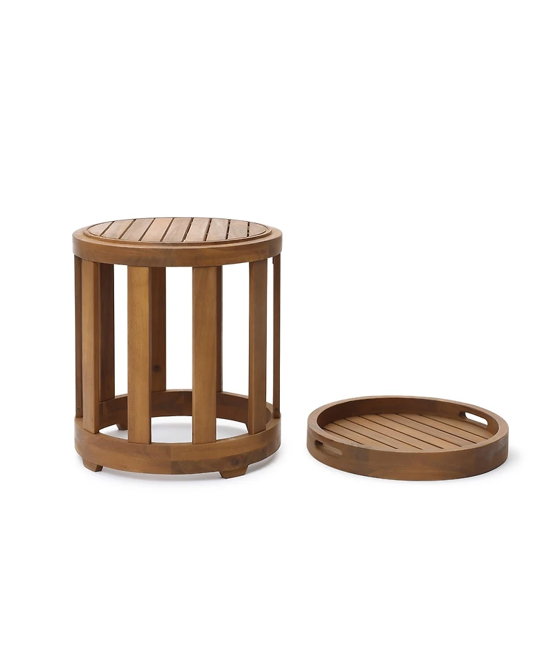LuxenHome Acacia Outdoor Drum Side Table, Round Patio Table with Removable Tray Top and Oil Finish