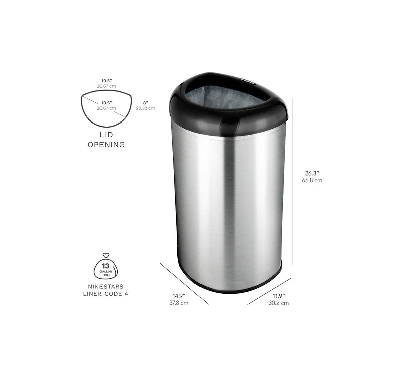 Ninestars Open Top Commercial Trash Can, 13 Gal 50L, Stainless Steel