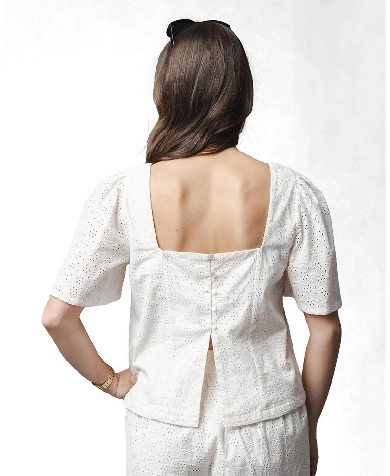 Hope & Henry Women's and Organic Flounce Sleeve Eyelet Top