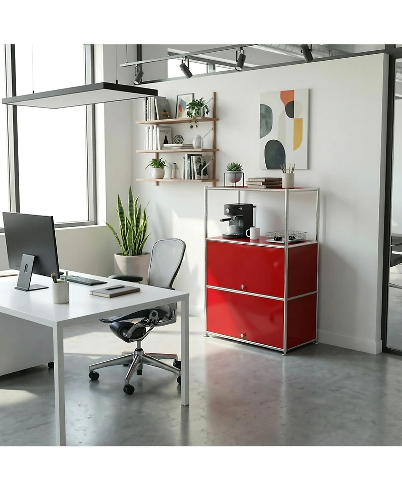 4-Tier Modular Metal Storage Cabinet, Modern Accent Sideboard with Doors and Open Shelves for Home & Office, Red