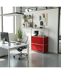 4-Tier Modular Metal Storage Cabinet, Modern Accent Sideboard with Doors and Open Shelves for Home & Office, Red