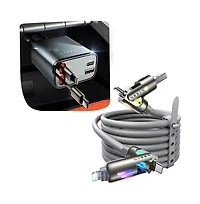 Lisen 2-in-1 Car Charger Bundle, 69W Retractable Car Charger with 240W 4-in-1 Charging Cable, Fast Charging Kit for iPhone Android Laptop