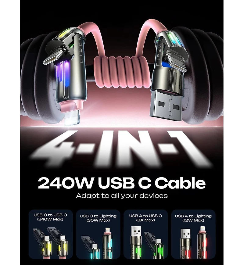 Lisen 2-Pack 240W 4-in-1 Charging Cable, Usb-c and Lightning Multi Charger Cable for All Devices, Fast Charging Cord for Travel