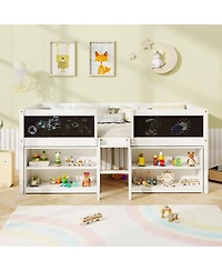 Gouun Twin Size Kids Low Loft Bed with Chalkboard, Ramp Ladder and Bookcases