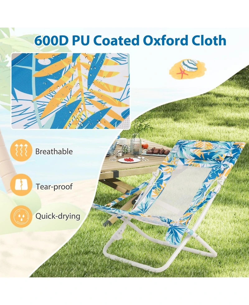 Gouun Low Folding Beach Chair Set of 2 with Pillow and Cup Holder