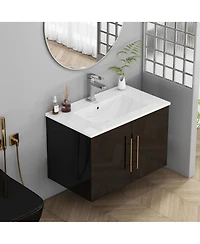 Sillysis Wall Mounted Bathroom Vanity with Sink, Double Doors, Soft Close Hinges, Modern Glossy Cabinet for Small Spaces