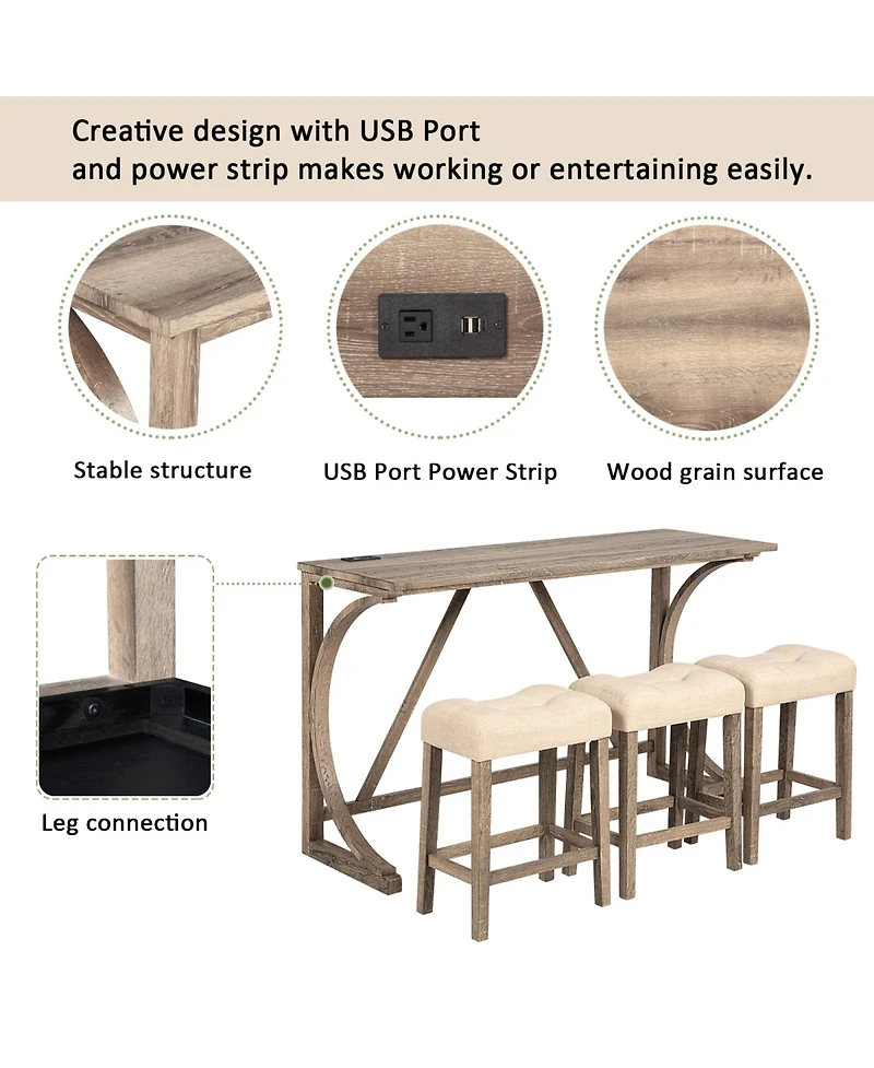Rainsken Bar Table Set for 3 - Industrial Counter Height with Power Outlet and Padded Stools Living Room, Dining Room