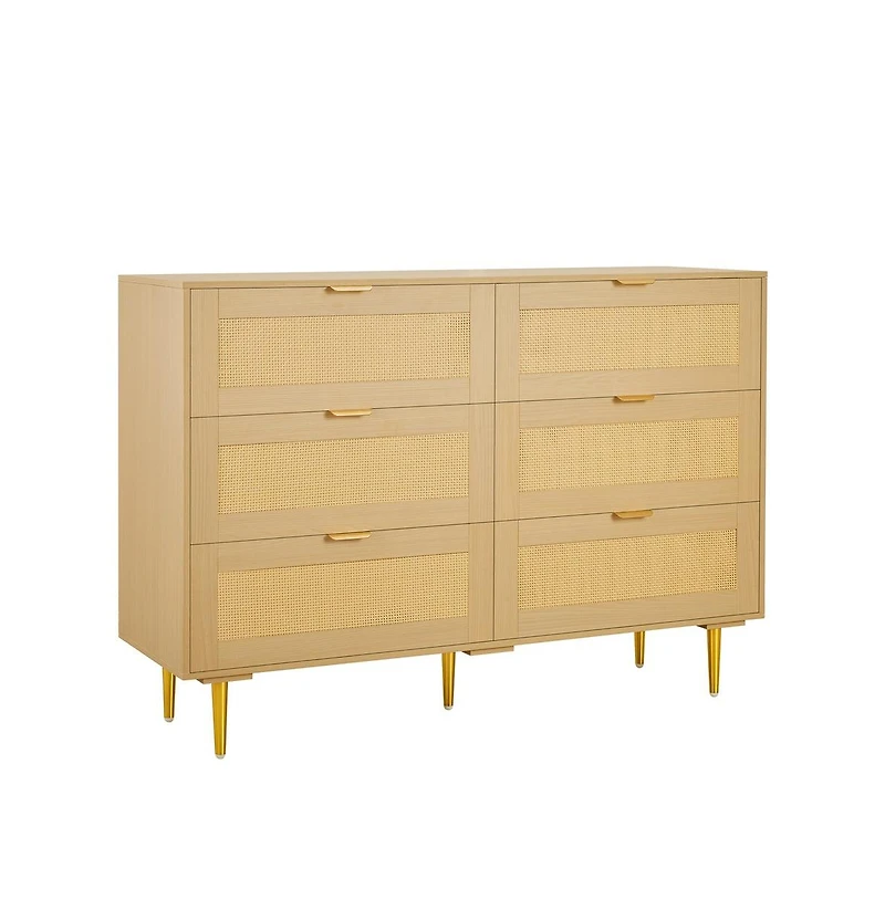 Sugift 6 Drawer Rattan Dresser Double Dresser for Bedroom Rattan Chest of Drawers with Metal