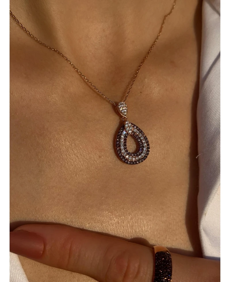 Suzy Levian Sterling Silver Cubic Zirconia Triple Row Tear Drop Dangle Pendant Necklace