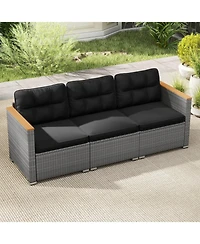 Gouun 3-Seat Outdoor Patio Pe Wicker Sofa with Acacia Wood Armrests, Deep Cushions
