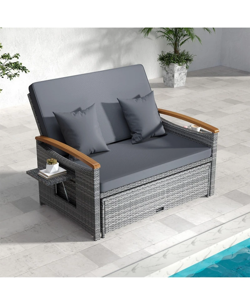 Gouun 3-in-1 Outdoor Wicker Daybed with Adjustable Backrest and Storage Ottoman, 66 in Wide