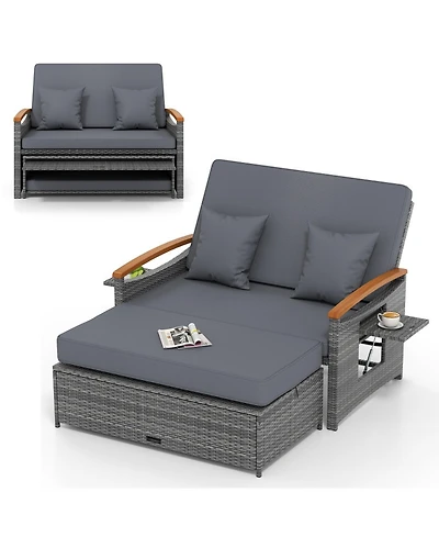 Gouun 3-in-1 Outdoor Wicker Daybed with Adjustable Backrest and Storage Ottoman, 66 in Wide