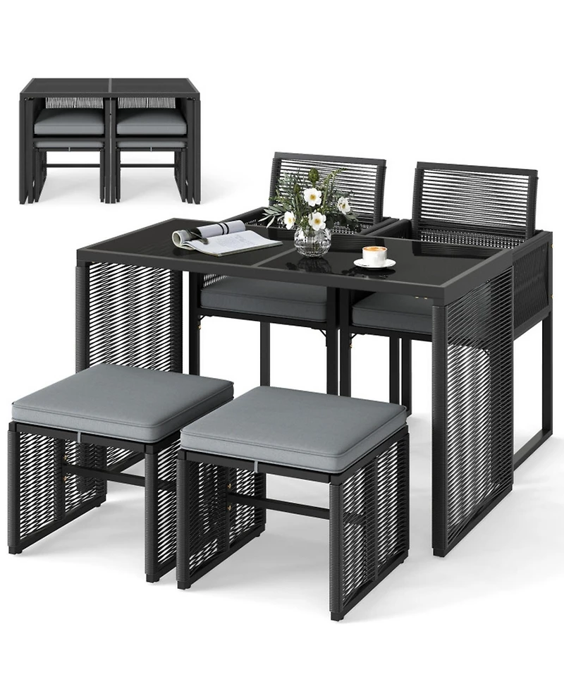 Gouun 5-Piece Outdoor Pe Rattan Patio Dining Set with Removable Cushioned Chairs and Ottomans