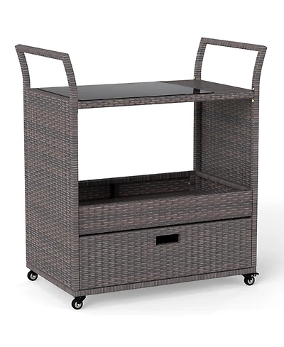 Gouun Wicker Outdoor Bar Cart with Tempered Glass Top, Drawer, and Rolling Wheels
