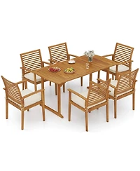 Gouun 7 Piece Acacia Wood Patio Dining Set with Slatted Table and 6 Cushioned Armchairs