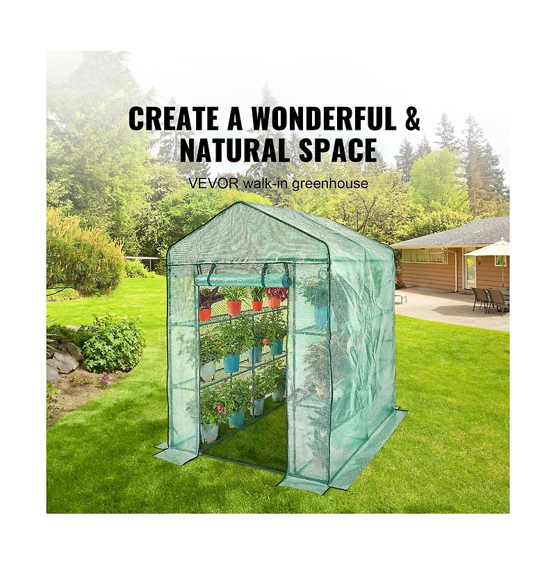 Sugift 4.6 x 4.6 x 6.6 ft Walk In Greenhouse with Shelves Pe Cover Steel Frame Zippered Door