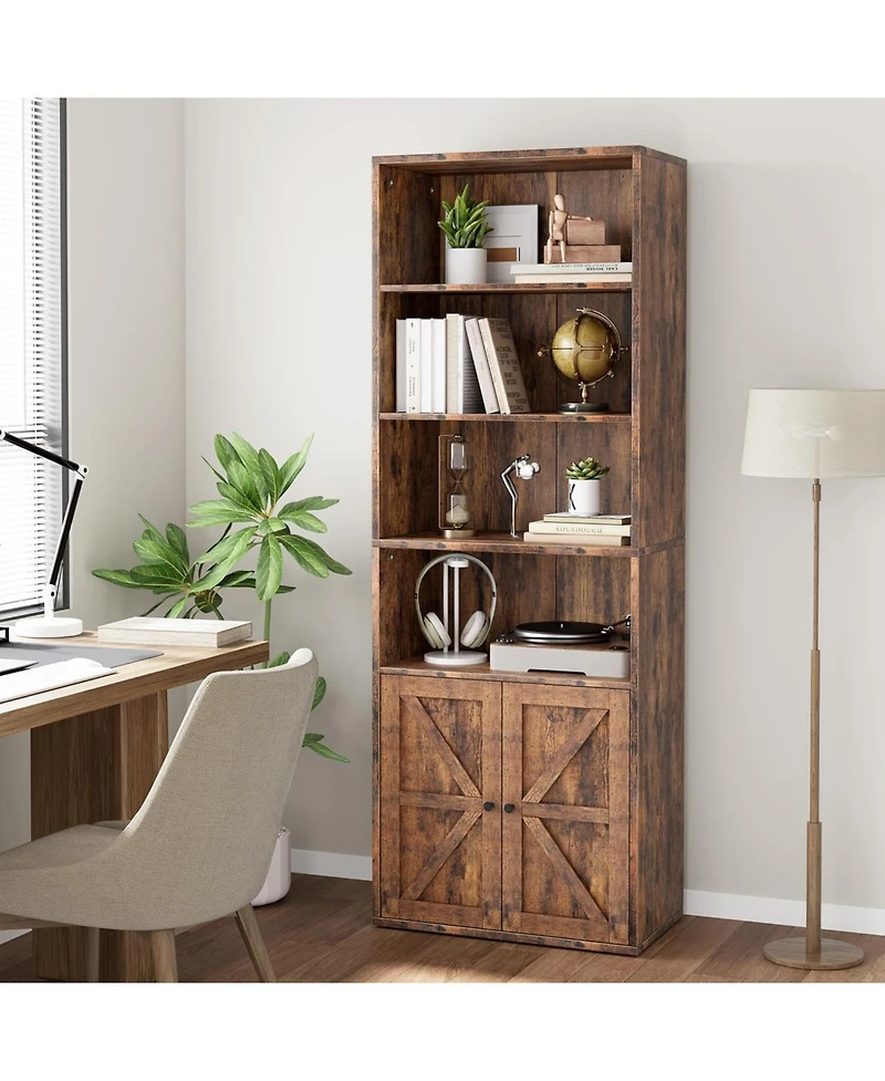 gaomon Tall Bookcase with Doors, 4-Tier Wooden Bookshelf, Floor Standing Wooden Display Bookcase with Double Doors and 4 Open Shelves, Ideal for Home