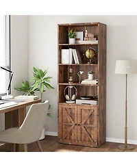 gaomon Tall Bookcase with Doors, 4-Tier Wooden Bookshelf, Floor Standing Wooden Display Bookcase with Double Doors and 4 Open Shelves, Ideal for Home