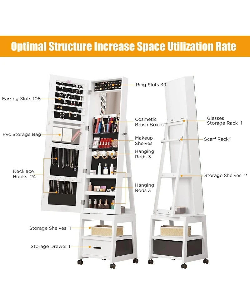 gaomon Jewellery Cabinet Jewellery Organiser With 360degree(s) Swivel Body Full Length Mirror With Locking Cabinet