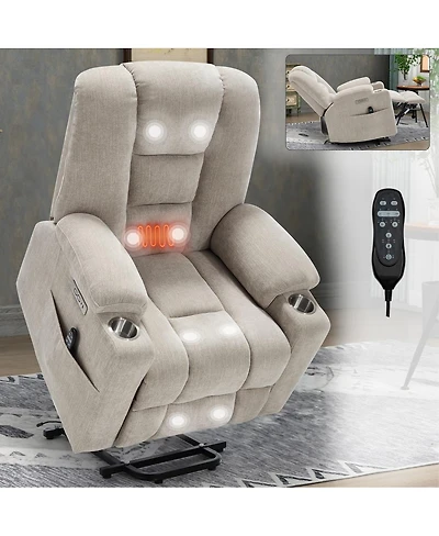 Maison Boucle Chenille Power Lift Recliner with Massage, Heat, Usb & Cup Holders, Wide Heavy-Duty Electric Chair for Seniors