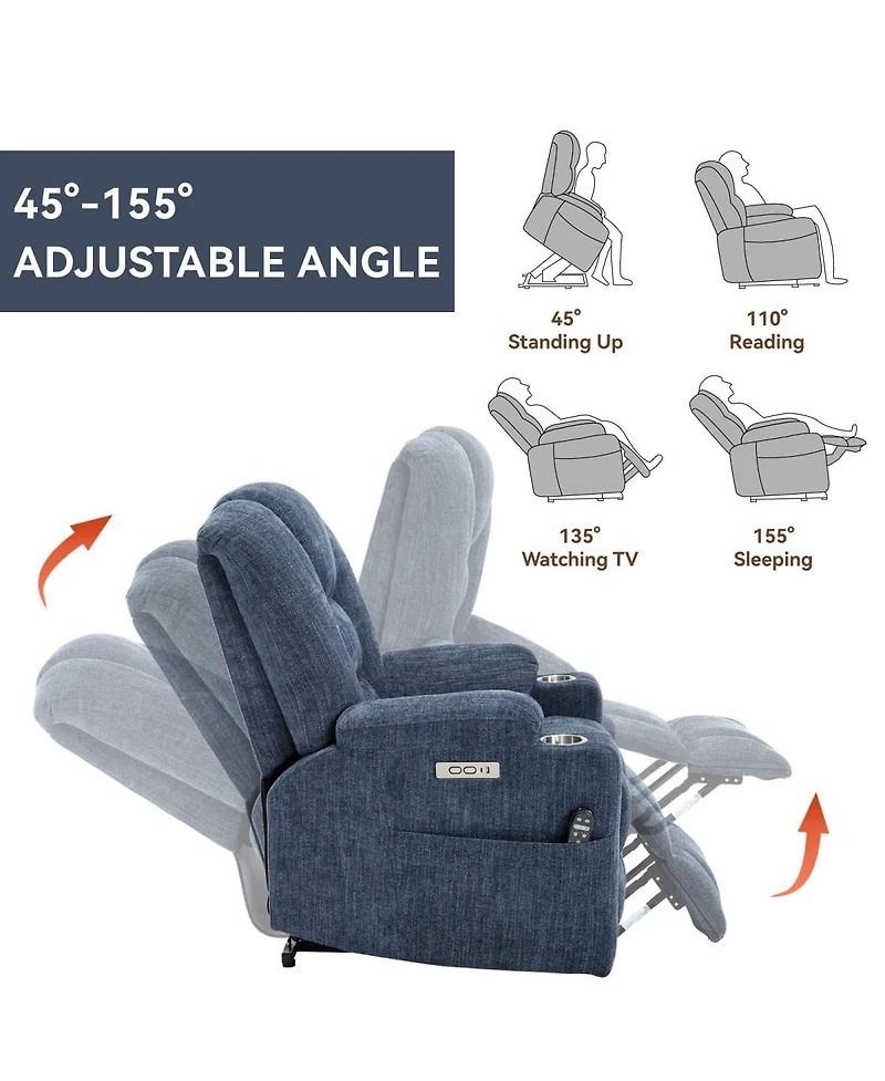 Maison Boucle Chenille Power Lift Recliner with Massage, Heat, Usb & Cup Holders, Wide Heavy-Duty Electric Chair for Seniors