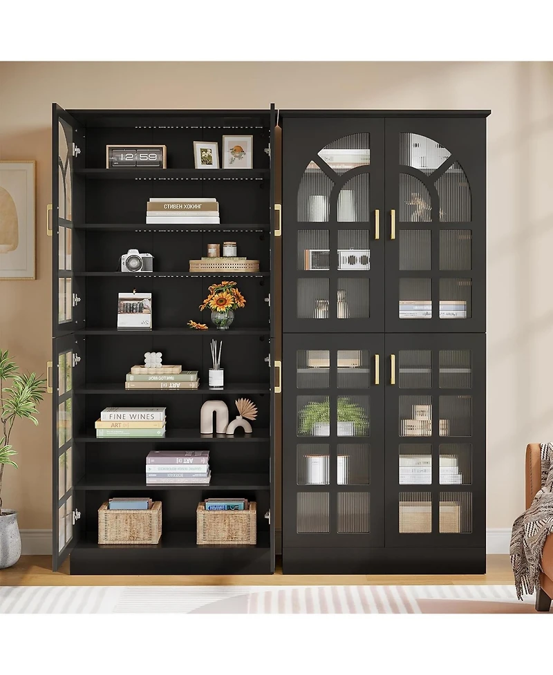 Tribesigns 8-Tier Bookshelf with Doors and Led Lights Set of 2, 68.9" Tall Bookcase with Adjustable Shelves, Modern Wooden Display Cabinet