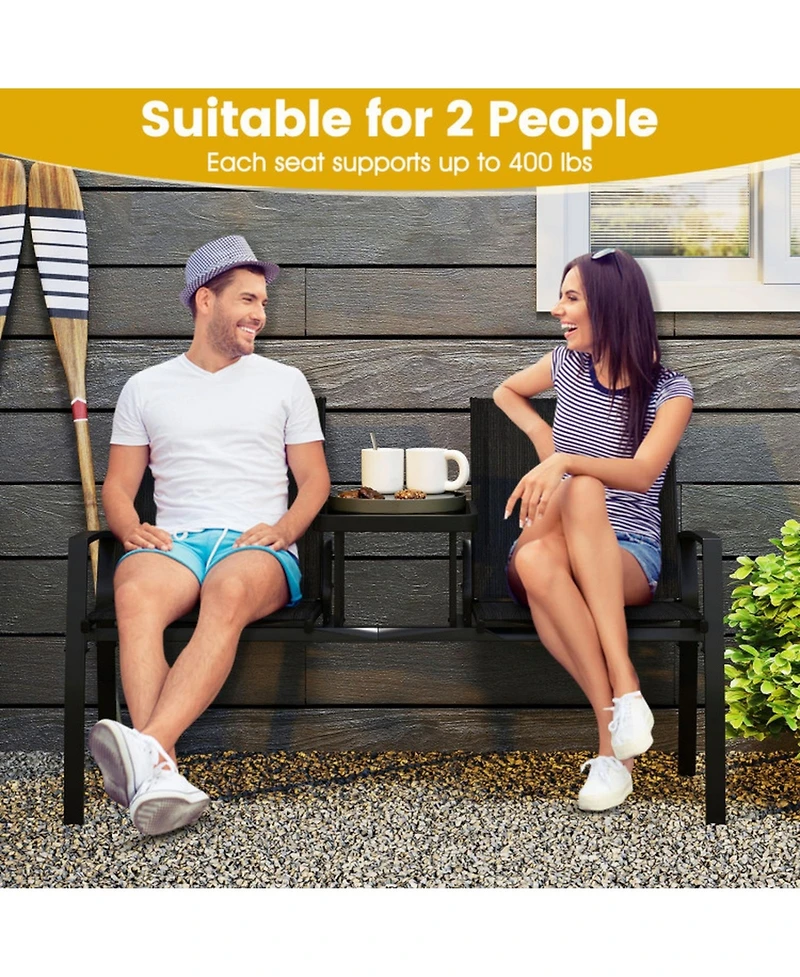 Gouun 2-Person Patio Loveseat with Built-in Tempered Glass Table