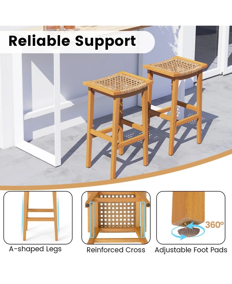 Sugift Acacia Wood Outdoor Bar Stools Set of 2 with Pe Rattan Accents
