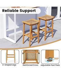 Sugift Acacia Wood Outdoor Bar Stools Set of 2 with Pe Rattan Accents