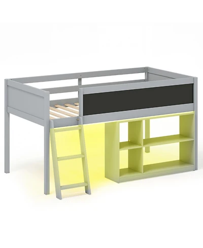 Slickblue Wooden Kids Loft Bed with Led Lighting and Detachable Bookcase Organizer