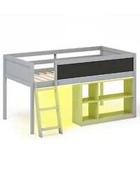 Slickblue Wooden Kids Loft Bed with Led Lighting and Detachable Bookcase Organizer