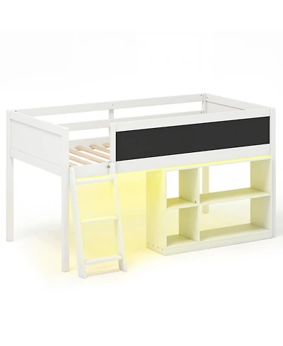 Slickblue Wooden Kids Loft Bed with Led Lighting and Detachable Bookcase Organizer